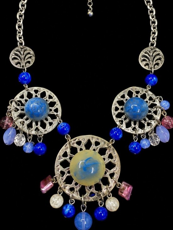 Jewelry - Artisan Boho Statement Necklace Blue Marbled Glass Cabochons Silver Tone Festiva